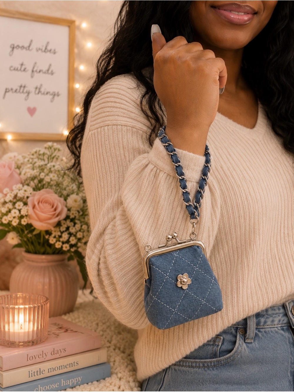 Denim Quilted Mini Wristlet Bag with Chain Strap